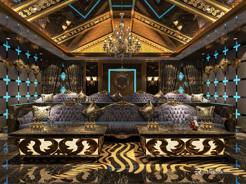 Luxurious KTV Room Interior Design With Chandelier Blue Lighting Golden Decorations And Comfortable Sofas 3d model 