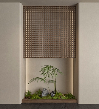 Quiet ancient indoor green landscaping wood grille partition 3d model