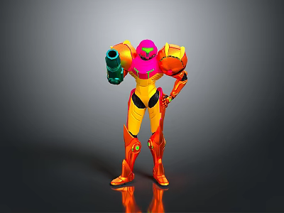 Armored Robot Warrior With Pink Helmet Orange Yellow Armor And Green Weapon Standing Pose 3d model