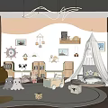 Adorable Plush Dolls in Cozy Kids Room with Tent Bookshelf and Playful Decor
