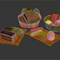 Assorted Fresh Bread Loaves in Wicker Baskets and Orange Trays