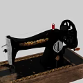 Industrial Sewing Machine Featuring Black Body Golden Patterns Wooden Base Red Thread Spool Black Wheel
