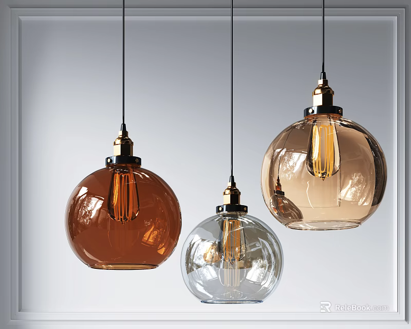 Modern Stylish Pendant Lights With Brown Clear Amber Glass Shades And Metal Bases 3d model 