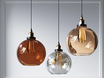 Modern Stylish Pendant Lights With Brown Clear Amber Glass Shades And Metal Bases 3d model