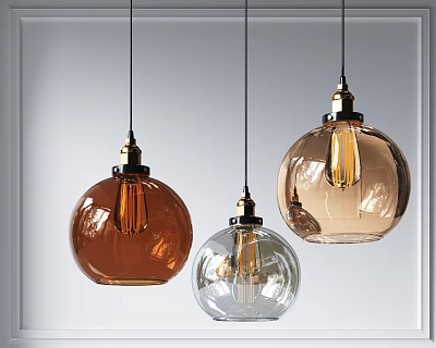 Modern Stylish Pendant Lights With Brown Clear Amber Glass Shades And Metal Bases 3d model