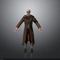 3D Character Model Wearing Brown Long Coat Blue Glasses Extended Arms And Decorative Buttons