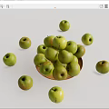 Fresh Green Apples in Wooden Bowl with Scattered Ones on White Background