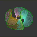 Abstract Blue Yellow Mesh 3D Geometric Sculpture with Curved Lines Hollow Design Dark Reflective Background