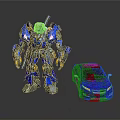 Blue Mechanical Robot Standing Next to Blue Car on Reflective Surface 3d model