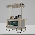 Mobile Beverage Cart With Striped Awning Chalkboard Menu And Coffee Machine