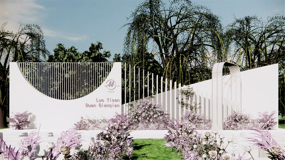 Luo Flower Garden Landscape With White Fence Weeping Willow Trees Purple Flowers And Green Lawn 3d model 