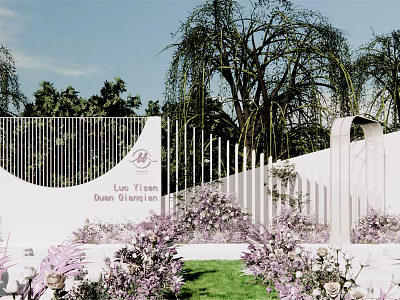 Luo Flower Garden Landscape With White Fence Weeping Willow Trees Purple Flowers And Green Lawn 3d model