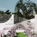 Luo Flower Garden Landscape With White Fence Weeping Willow Trees Purple Flowers And Green Lawn