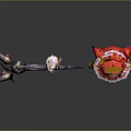 Red Hooded Game Movie Character with Blonde Hair Blue Eyes Red Dress and Large Scythe