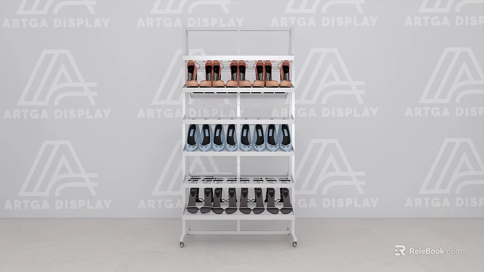 Modern Clothing Store Shoe Display With Multi Tier Rack And Assorted Colored Shoes 3d model 
