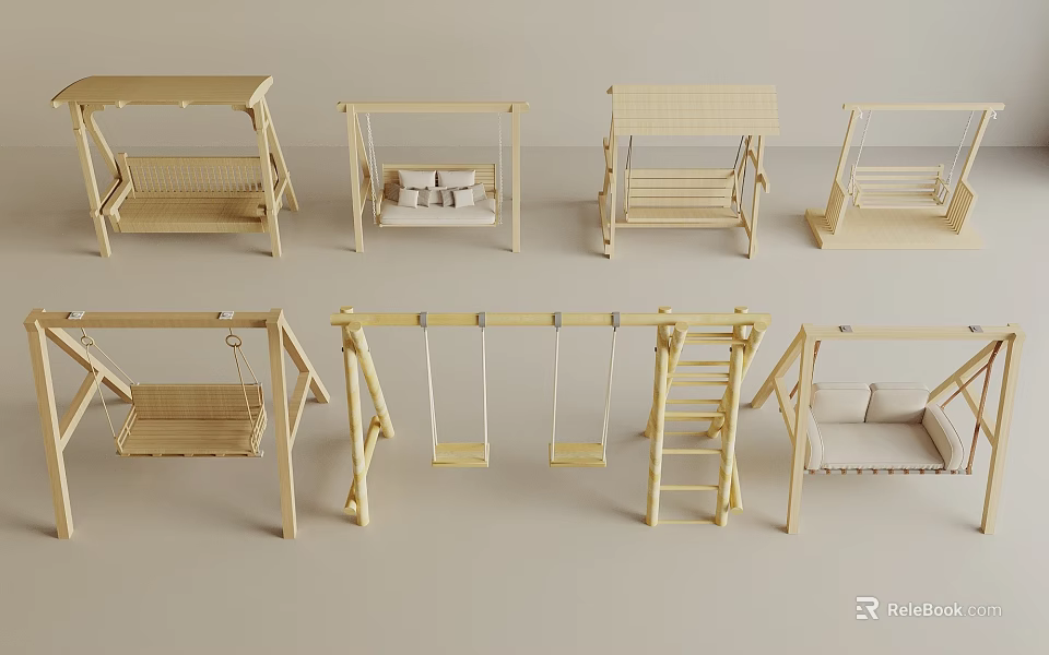 Various Wooden Swing Models With Different Styles Seating And Ladder Structures 3d model