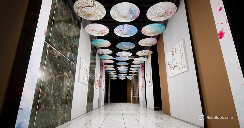 Elevator Hallway with Colorful Decorative Umbrellas on Ceiling Wall Paintings Marble Walls and Tile Flooring 3d model 