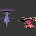 Colorful Pink and Purple Umbrella Shaped Plants with Feather Like Petals Against Black Background