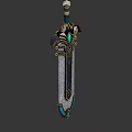 Ornate Decorative Sword with Blue Gemstone Accents Intricate Carvings and Metallic Finish