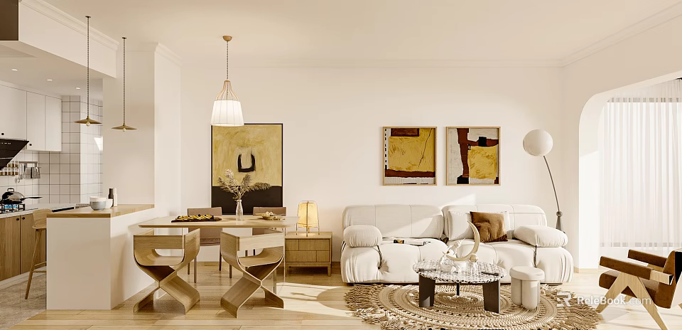 Modern Living and Dining Room Interior with White Sofa Wooden Table Artworks and Pendant Light 3d model 