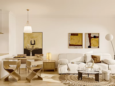 Modern Living and Dining Room Interior with White Sofa Wooden Table Artworks and Pendant Light 3d model