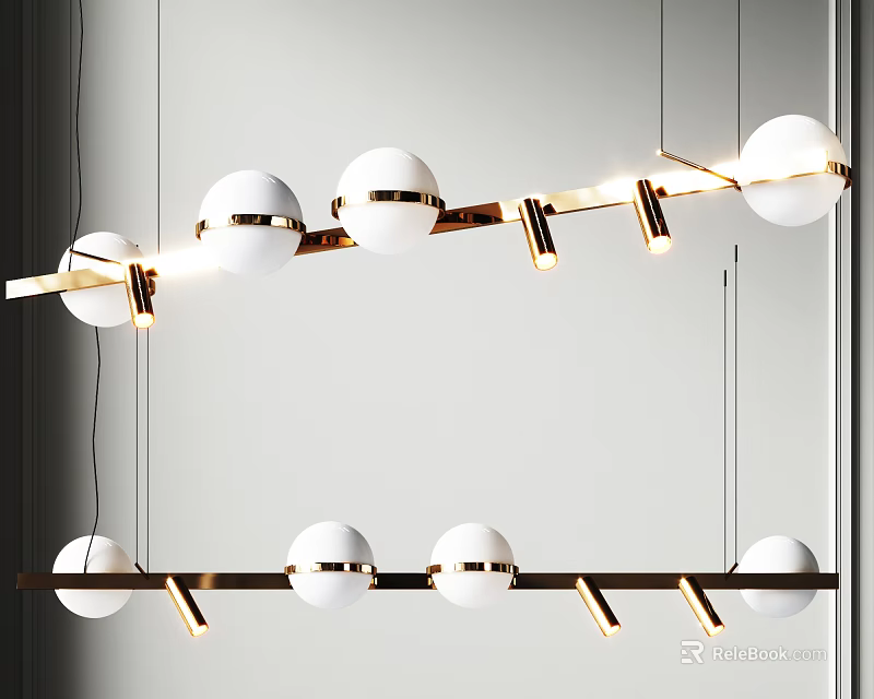 Contemporary Ceiling Pendant Chandelier With Multiple White Spherical Shades And Metal Linear Frame 3d model 
