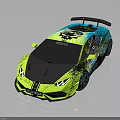 Vibrant Green And Blue Sports Car With Graphic Design Rear Spoiler And Sharp Front