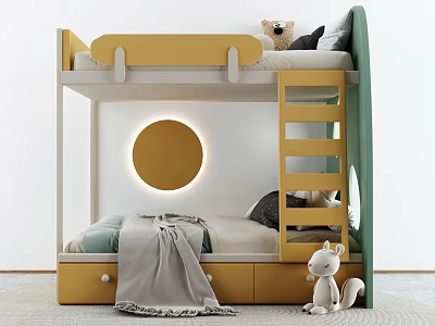 Kids Bunk Bed With Yellow Green Frame Ladder Storage Drawers Circular Decor And Plush Squirrel 3d model