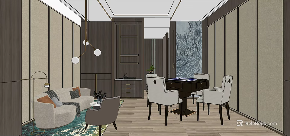 Elegant Hotel Mahjong Room Interior Design With Mahjong Table Comfortable Chairs And Decorative Art 3d model 