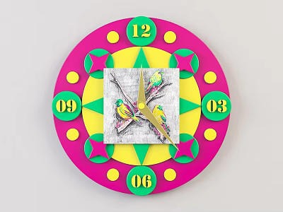 Colorful Decorative Clock With Pink Outer Ring Yellow Dots Green Numbers And Yellow Birds 3d model