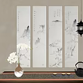 Four Traditional Chinese Landscape Scroll Paintings With Mountains Water Trees And Orchid Lantern Teapot