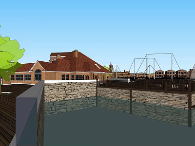 Scenic Outdoor Area With Red Brown Roof Building Stone Wall Green Trees Swing Set And Blue Sky 3d model