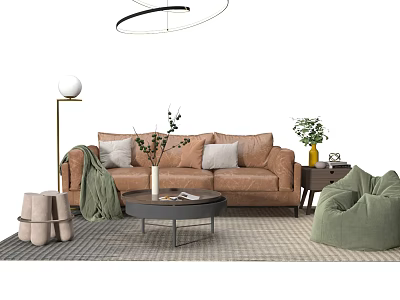 Modern Brown Leather Sofa and Coffee Table Set with Green Plants Pillows and Area Rug 3d model