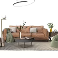 Modern Brown Leather Sofa and Coffee Table Set with Green Plants Pillows and Area Rug