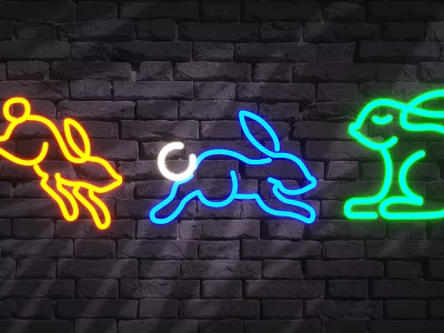 Decorative Neon Lights Rabbit Shapes Yellow Blue Green Brick Wall Background 3d model
