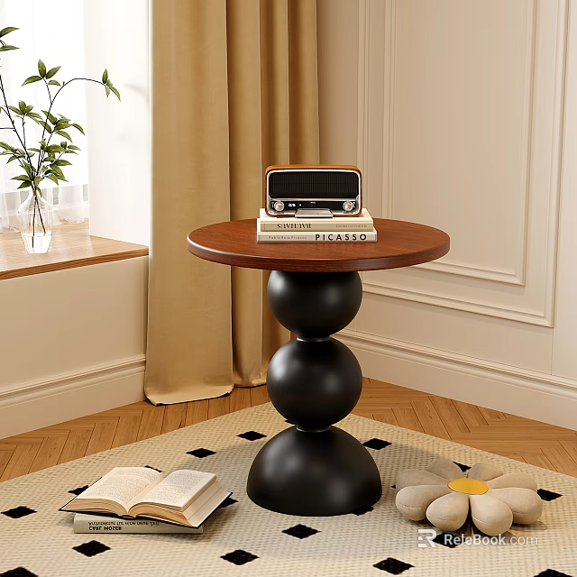 Modern Round Wooden Side Table with Black Spherical Base and Radio Books in Living Room 3d model 