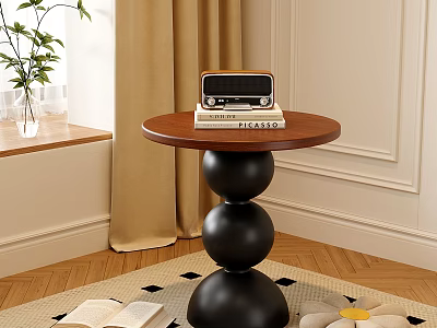 Modern Round Wooden Side Table with Black Spherical Base and Radio Books in Living Room 3d model