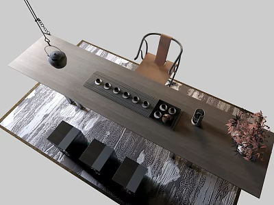 Modern Tea Table And Chairs With Wooden Design And Tea Set Lamp In Living Room 3d model