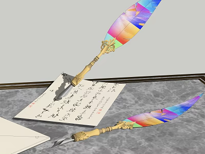 Colorful Feather Quill Pen With Decorative Gold Handle For Chinese Calligraphy On Paper 3d model