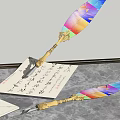 Colorful Feather Quill Pen With Decorative Gold Handle For Chinese Calligraphy On Paper