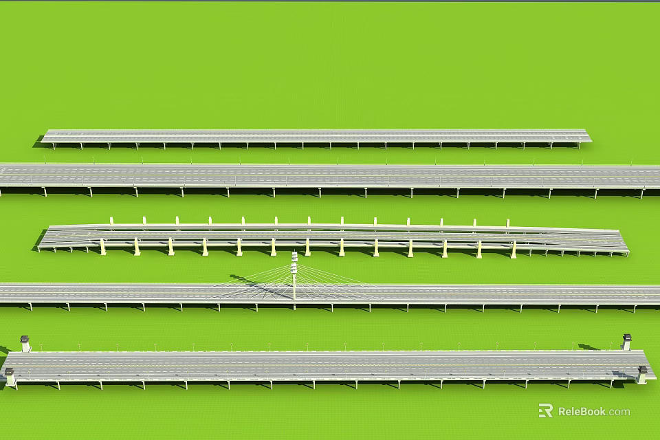 Modern Concrete Bridges With Railings And Street Lamps On Green Background 3d model 