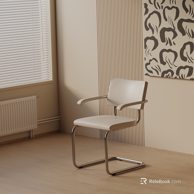 White Leather Office Chair with Armrests and Metal Frame in Beige Room with Wooden Floor 3d model 