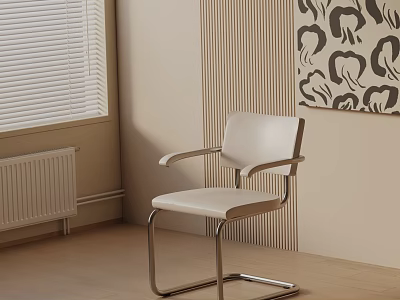 White Leather Office Chair with Armrests and Metal Frame in Beige Room with Wooden Floor 3d model