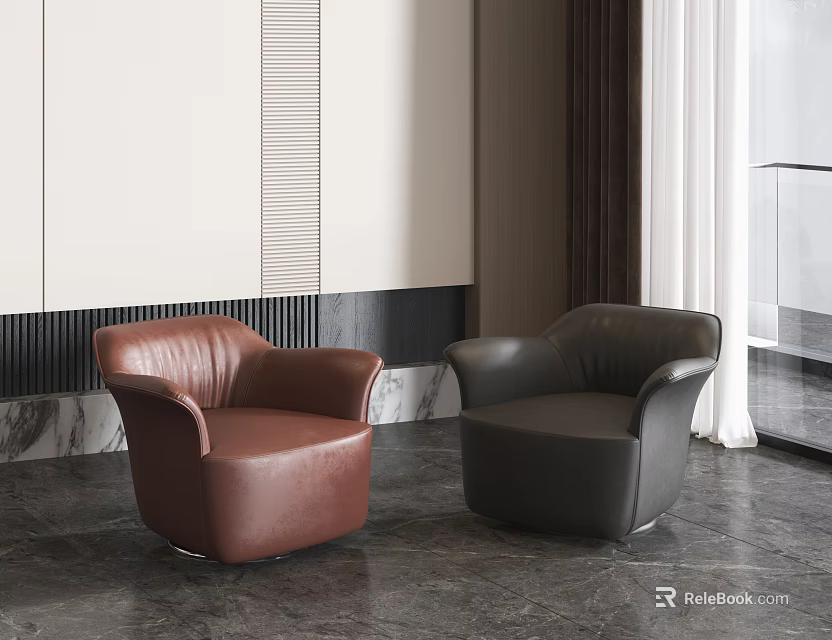 Modern Leather Single Sofa Brown and Black Design With Marble Floor Interior 3d model