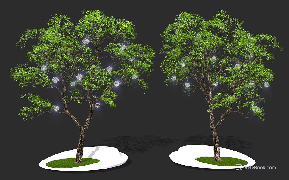 Arbor Trees With White Spherical Decorative Lights On White Circular Base And Green Lawn 3d model 