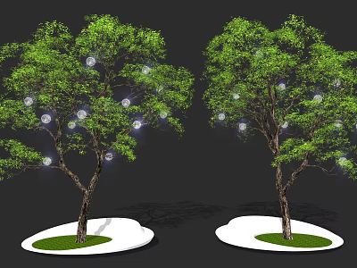 Arbor Trees With White Spherical Decorative Lights On White Circular Base And Green Lawn 3d model