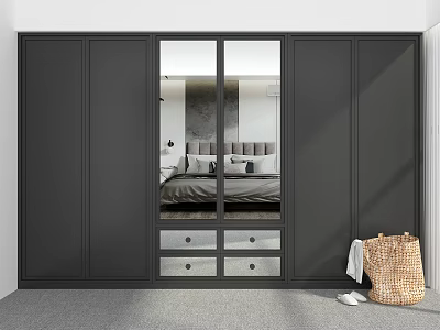 Black Wardrobe With Sliding Glass Doors And Drawers Woven Basket And Slippers In Modern Bedroom 3d model