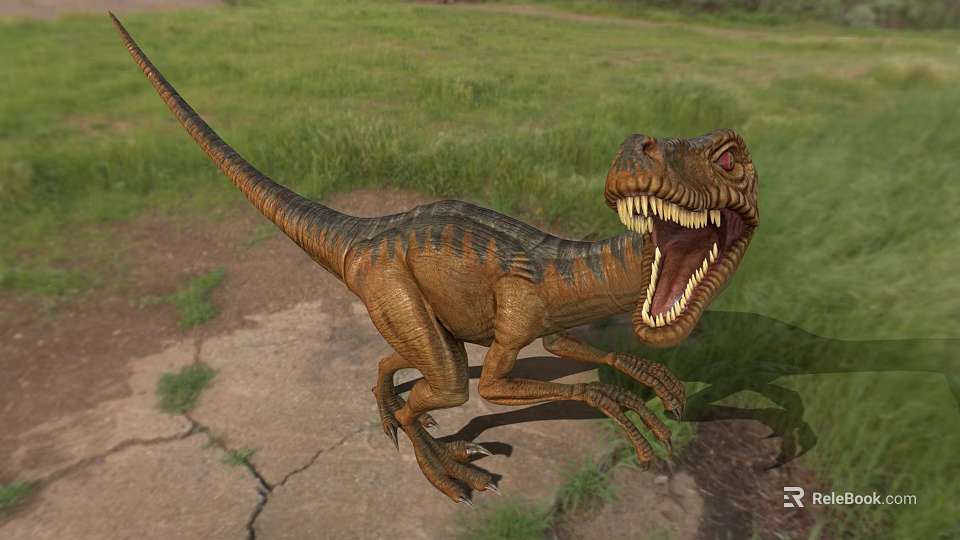 Tyrannosaurus Rex Running On Grassland With Cracked Ground Open Mouth And Sharp Teeth 3d model 
