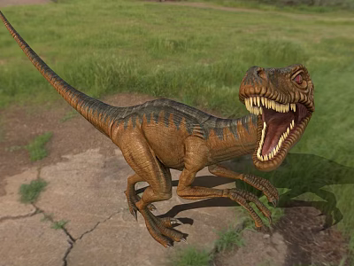 Tyrannosaurus Rex Running On Grassland With Cracked Ground Open Mouth And Sharp Teeth 3d model