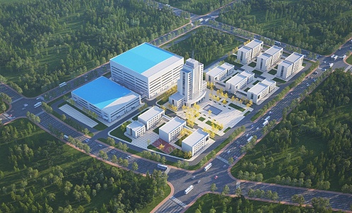 Aerial view of factory building office building 3d model